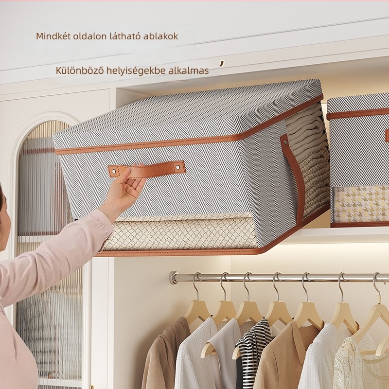 Nem szőtt anyagból készült tároló doboz szürke nyíl minta, dizájn két ablakkal és fedéllel, átlátható tároló doboz, 50 L, 50×40×30 cm, ruhák és játékok rendezésére