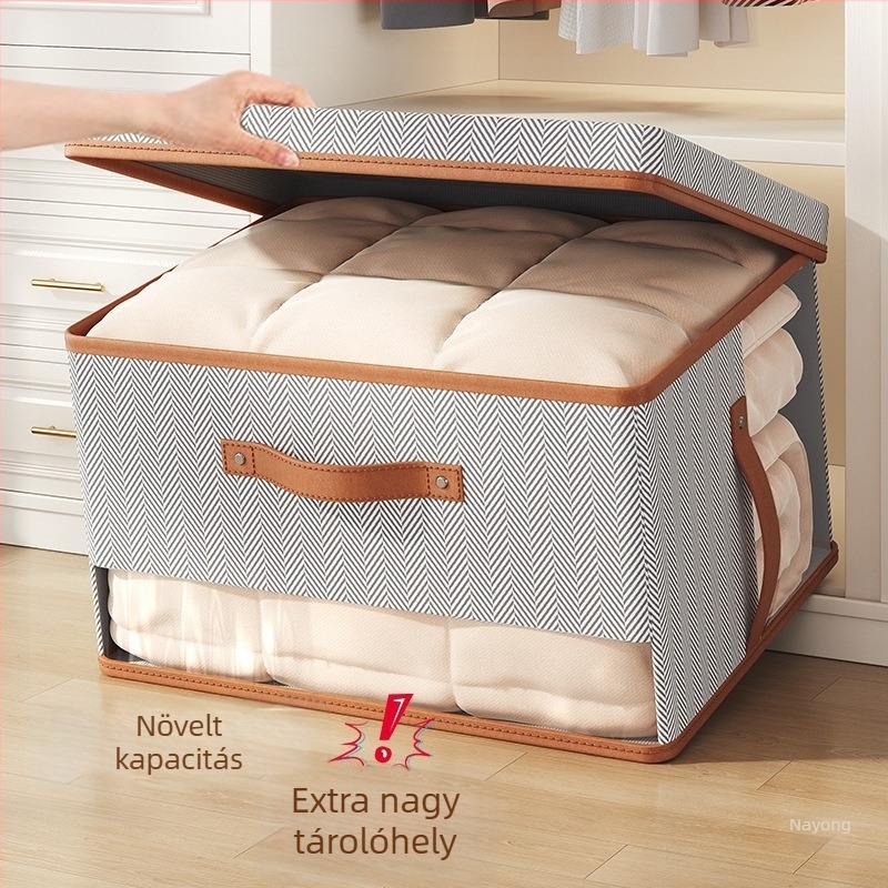 Nem szőtt anyagból készült tároló doboz szürke nyíl minta, dizájn két ablakkal és fedéllel, átlátható tároló doboz, 50 L, 50×40×30 cm, ruhák és játékok rendezésére