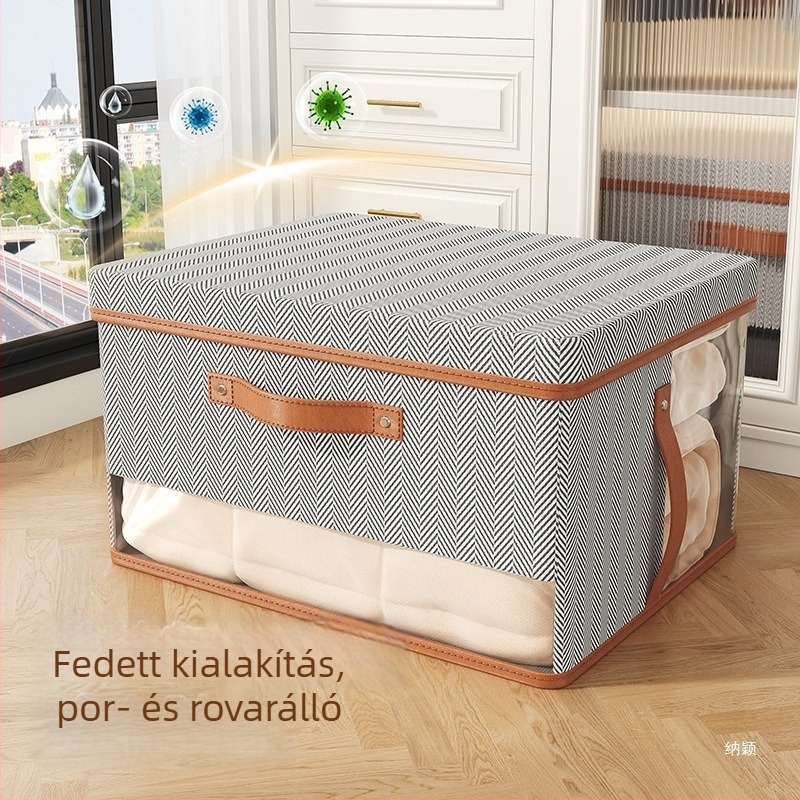 Nem szőtt anyagból készült tároló doboz szürke nyíl minta, dizájn két ablakkal és fedéllel, átlátható tároló doboz, 50 L, 50×40×30 cm, ruhák és játékok rendezésére