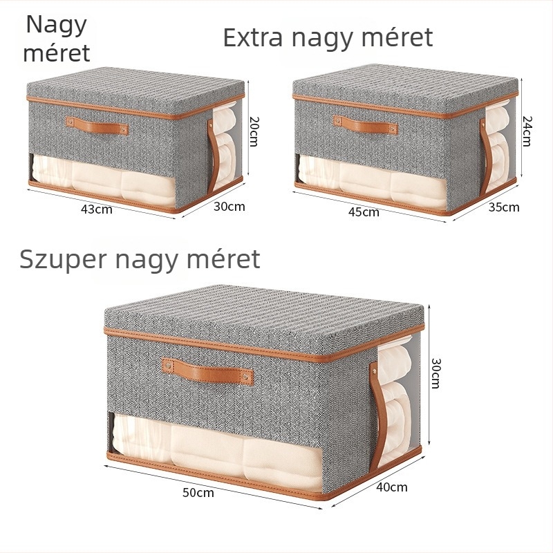 Nem szőtt anyagból készült tároló doboz szürke nyíl minta, dizájn két ablakkal és fedéllel, átlátható tároló doboz, 50 L, 50×40×30 cm, ruhák és játékok rendezésére
