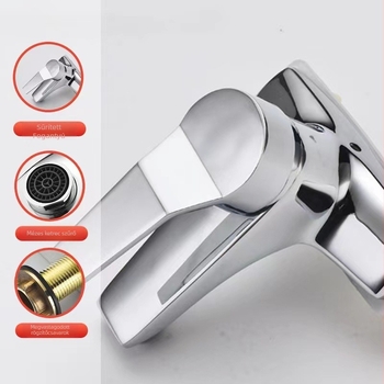 Fürdőszobai mosdócsap kettős lyukú kivitelben, meleg és hideg víz, kettős funkciójú keverő, cseppmentes, modern minimalist stílus, modell 062