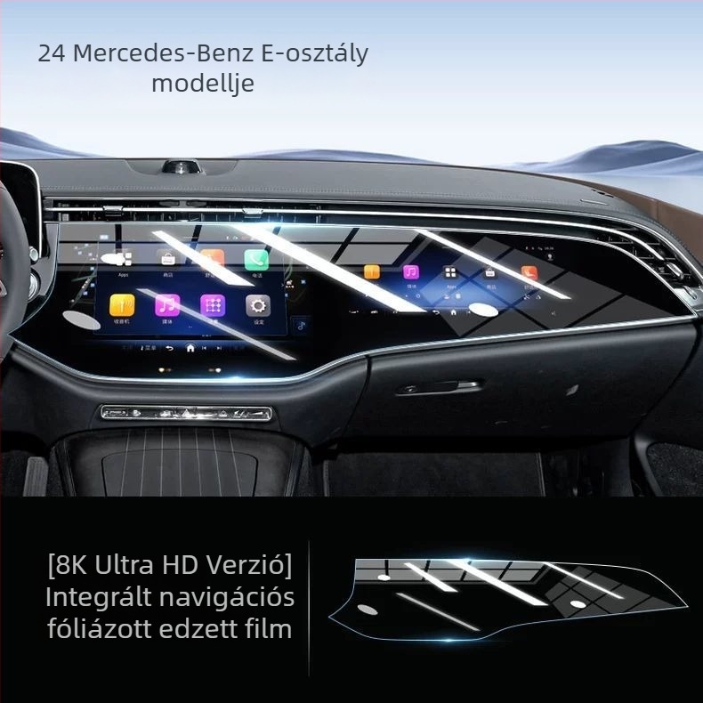 Edzett üveg képernyővédő a Mercedes-Benz E300L navigációs kijelzőjéhez — egy darabos kialakítás, hőálló, karcolás- és kopásálló, ujjnyomatszegény bevonat