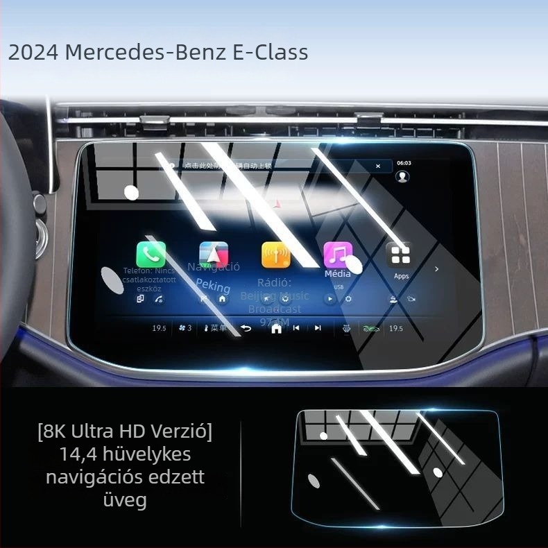 Edzett üveg képernyővédő a Mercedes-Benz E300L navigációs kijelzőjéhez — egy darabos kialakítás, hőálló, karcolás- és kopásálló, ujjnyomatszegény bevonat