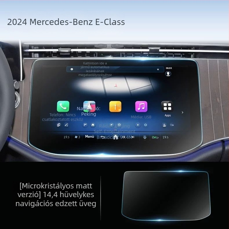 Edzett üveg képernyővédő a Mercedes-Benz E300L navigációs kijelzőjéhez — egy darabos kialakítás, hőálló, karcolás- és kopásálló, ujjnyomatszegény bevonat