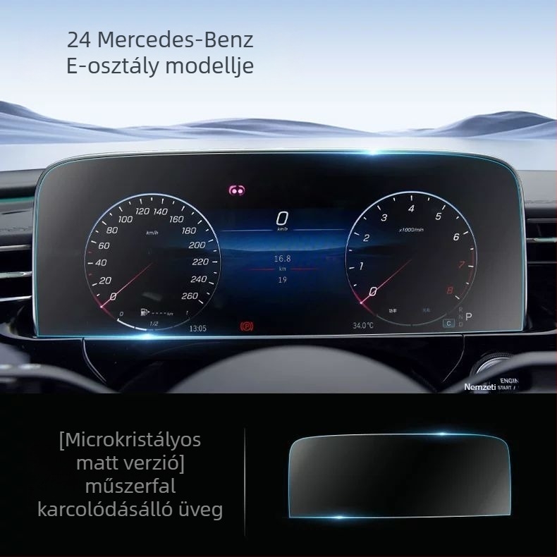 Edzett üveg képernyővédő a Mercedes-Benz E300L navigációs kijelzőjéhez — egy darabos kialakítás, hőálló, karcolás- és kopásálló, ujjnyomatszegény bevonat