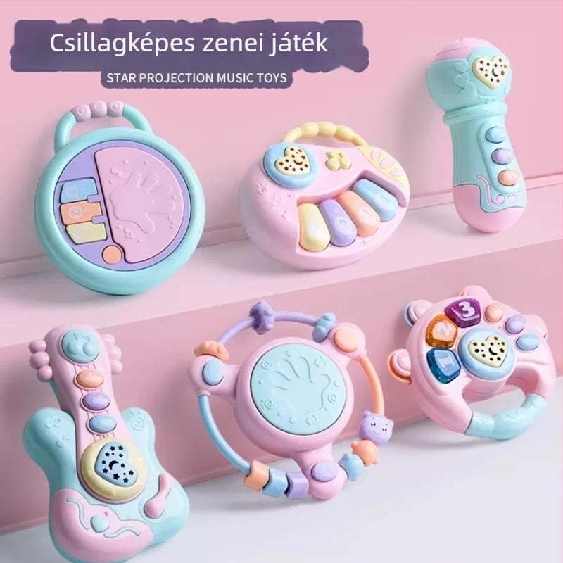 Baba kéz-dob – többfunkciós korai nevelési zenei játékdob, műanyagból, csörgővel és elektronikus billentyűzettel, 0–3 éveseknek