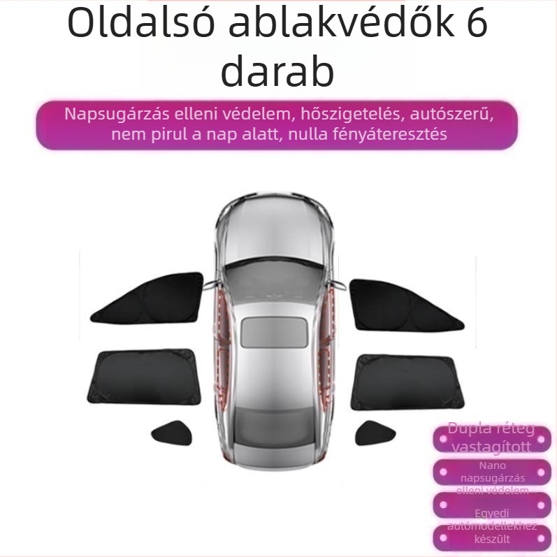 R7-es autó napvédő függöny – teljes fedettség, magánélet és hőszigetelés, snap-in szerelés, kompatibilis az első, hátsó és tetőablakokkal.