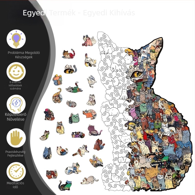 Fából készült, lapos puzzle játék 7–14 éveseknek, haladó nehézség, testreszabható rajzok