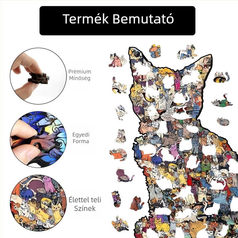 Fából készült, lapos puzzle játék 7–14 éveseknek, haladó nehézség, testreszabható rajzok