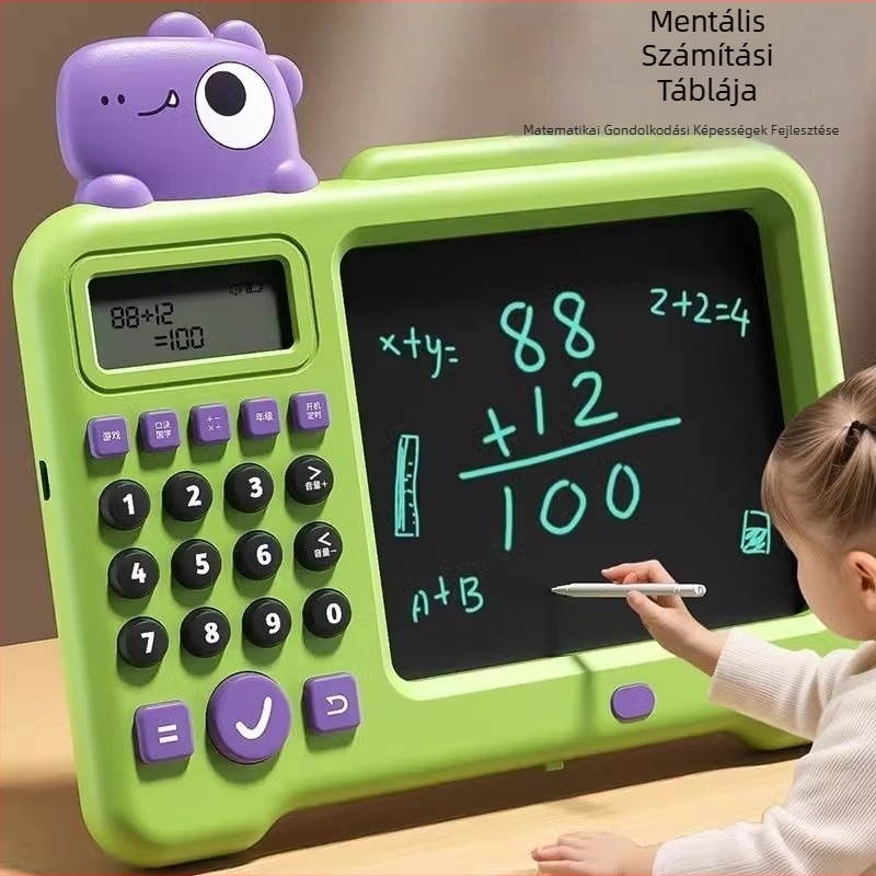 Gyerekeknek szánt matematikai tanuló gép LCD-képernyővel – töltésre újratölthető Li-ion akkumulátor, műanyag tokozás, memória nélküli, 4–6 éveseknek (összeadás, kivonás, szorzás, osztás)