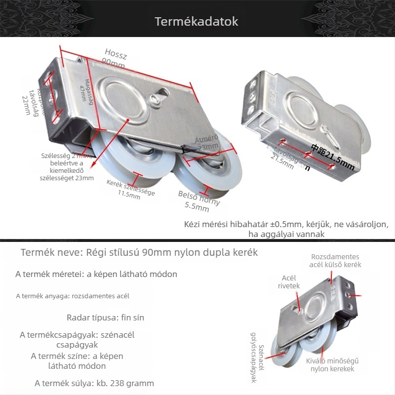 Kétkerekű ablak- és tolóajtó görgő | rozsdamentes acél | Modell: Type 90 görgőcsapágy | kötélhorony sugara: 6 mm | Teherbírás: 60 kg | Feldolgozás: OEM logó