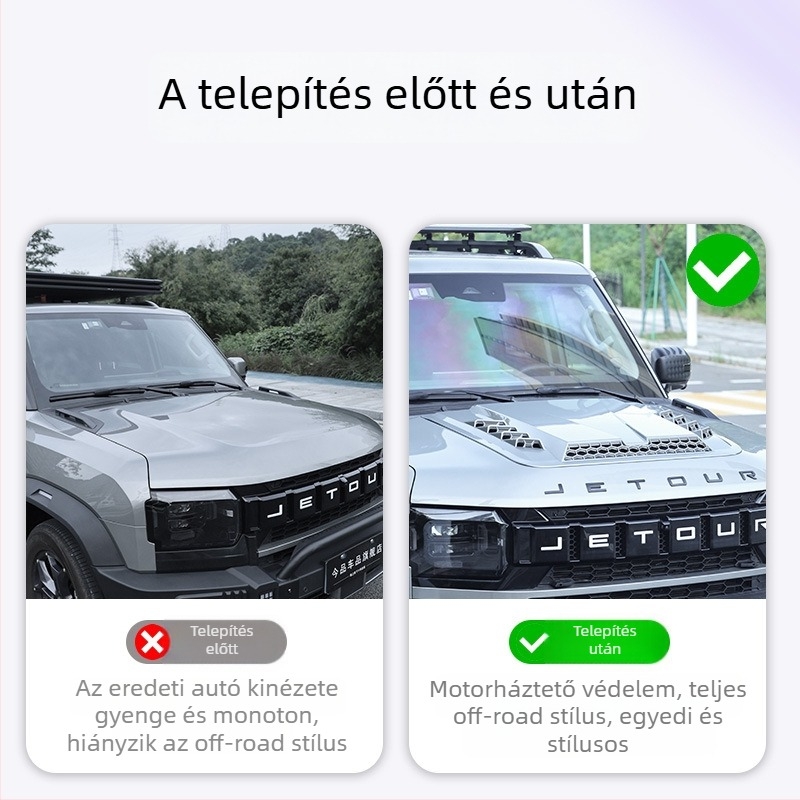 Jietu Traveler Shanhai T2 motorháztető védőburkolat — szerelés szívócsészékkel