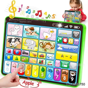 Gyermekek tanulótabletje iPad-szerű felülettel és nyelvi oktatással (angol, spanyol, francia); jellemzők: szülő-gyermek játékok, zene/hang, érintésre reagálás, száraz elemről üzemel