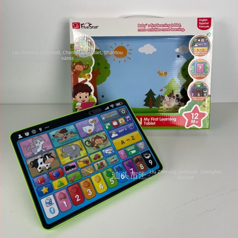 Gyermekek tanulótabletje iPad-szerű felülettel és nyelvi oktatással (angol, spanyol, francia); jellemzők: szülő-gyermek játékok, zene/hang, érintésre reagálás, száraz elemről üzemel