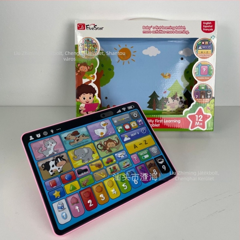 Gyermekek tanulótabletje iPad-szerű felülettel és nyelvi oktatással (angol, spanyol, francia); jellemzők: szülő-gyermek játékok, zene/hang, érintésre reagálás, száraz elemről üzemel