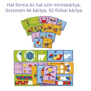 Átlátszó hexagonális blokkok hat színben a korai oktatás számára; műanyag puzzle kérdéskártyákkal és dobókockákkal.