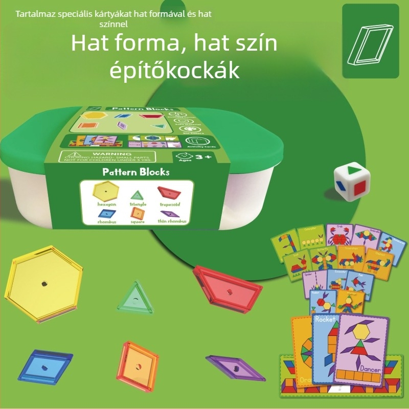 Átlátszó hexagonális blokkok hat színben a korai oktatás számára; műanyag puzzle kérdéskártyákkal és dobókockákkal.