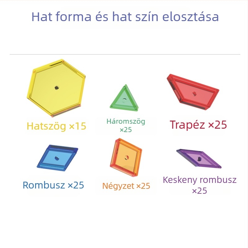 Átlátszó hexagonális blokkok hat színben a korai oktatás számára; műanyag puzzle kérdéskártyákkal és dobókockákkal.