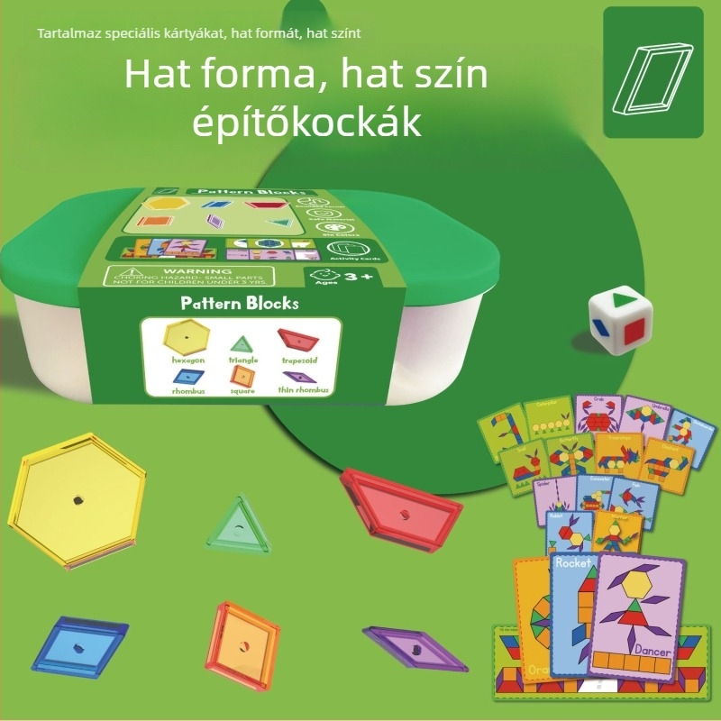 Átlátszó hexagonális blokkok hat színben a korai oktatás számára; műanyag puzzle kérdéskártyákkal és dobókockákkal.