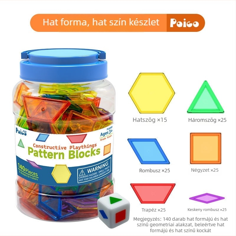 Átlátszó hexagonális blokkok hat színben a korai oktatás számára; műanyag puzzle kérdéskártyákkal és dobókockákkal.