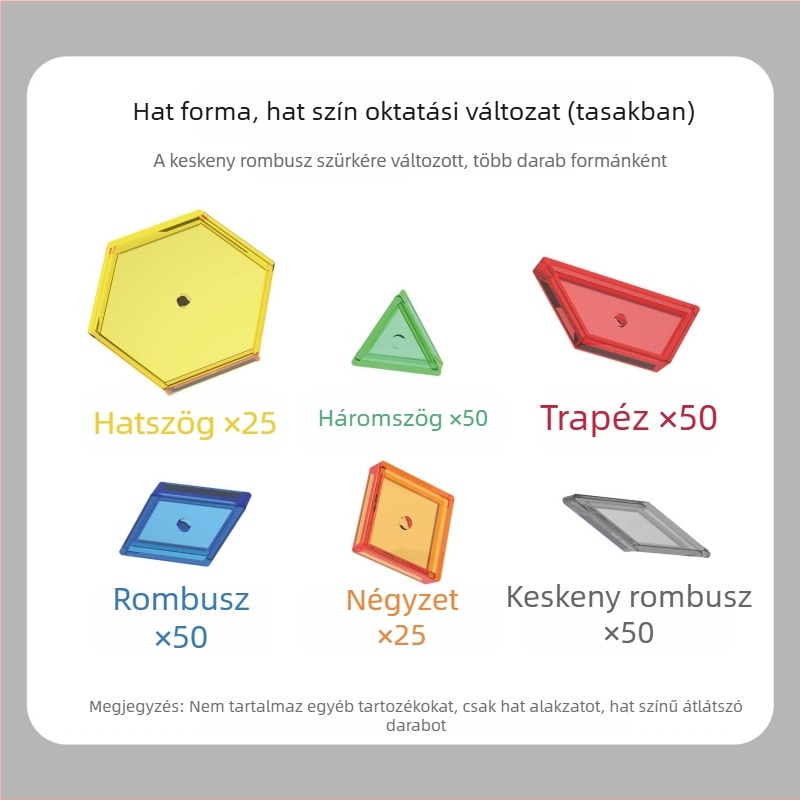 Átlátszó hexagonális blokkok hat színben a korai oktatás számára; műanyag puzzle kérdéskártyákkal és dobókockákkal.