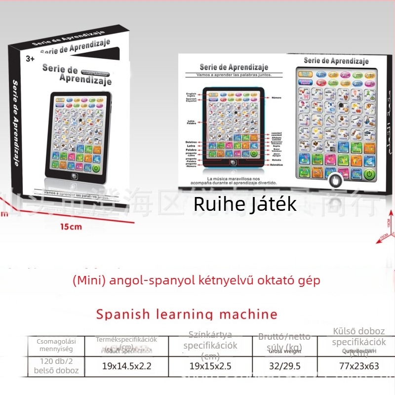 Kétnyelvű angol-spanyol olvasótablet gyerekeknek, oktató hangosolvasás, interaktív érintéses játék, szülő-gyermek játék, elemes működés