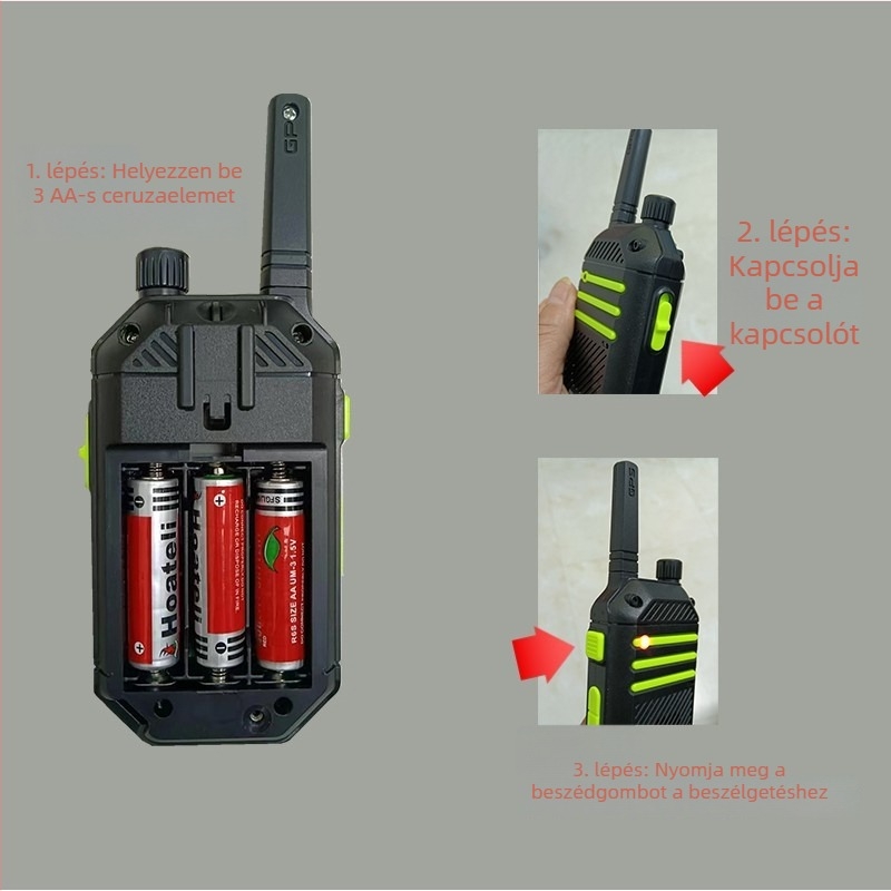 Szülő–gyerek interaktív walkie-talkie játék, elemes, műanyag, kézi, kültéri használatra, 4–6 éveseknek