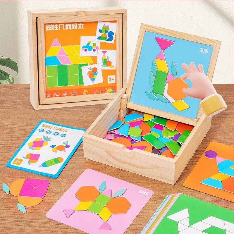 Mágneses Tangram 3D fa puzzle gyerekeknek 4–6 évesek, többfunkciós