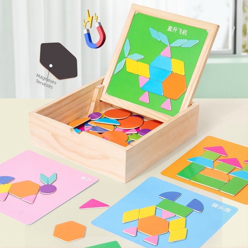 Mágneses Tangram 3D fa puzzle gyerekeknek 4–6 évesek, többfunkciós
