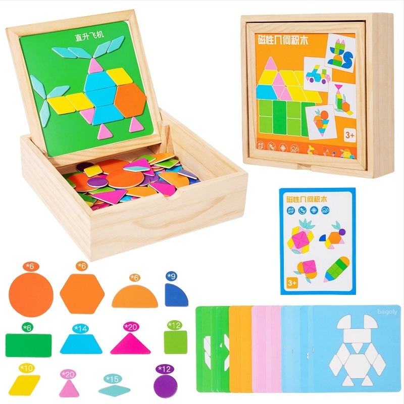 Mágneses Tangram 3D fa puzzle gyerekeknek 4–6 évesek, többfunkciós