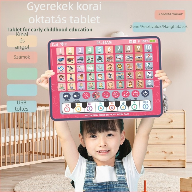 Gyerekeknek szóló oktatótablett, újratölthető, zenés funkciókkal, műanyag ház, lítium akkumulátor, 0–3 éveseknek
