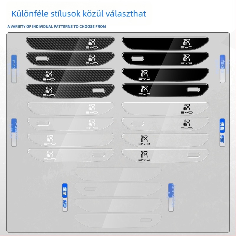 BYD Han ajtófogantyú anti-karcoló gumiszalag, karbon mintázatú kivitel, illeszkedik a Han ajtófogantyúhoz, BYD-Han sorozat, testreszabható feldolgozás