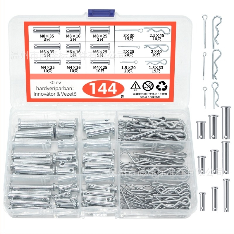 Cilindrikus tű platt fej és lyukkal a pozicionáláshoz, R-típusú tű és hairpin tű; acél 6.8 osztály, kék-fehér cink bevonat