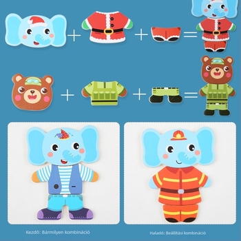 Gyerekeknek készült, fából készült öltöztetős puzzle négy nyuszinak és négy medvének – 3D faállat puzzle; Anyag: fa; Korosztály: 7–14; Nehézség: közepes; Testreszabás: igen