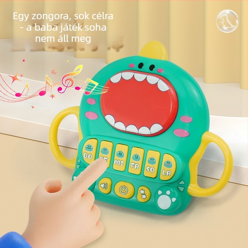 Fénylő dinoszaurusz zenés történet-gép az óvoda-tanuláshoz – elektromos világítással, dob és zene, műanyagból, elemmel működik, 4–6 éveseknek