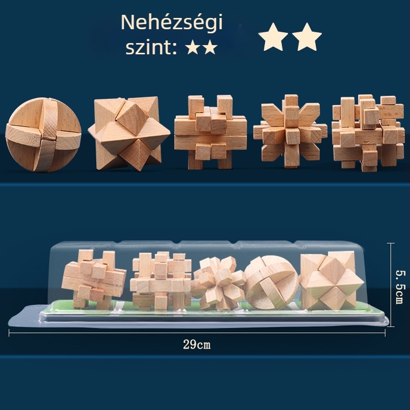 Fából készült Kongming Lock / Luban Lock – logikai játék és agyfejlesztés, 7–14 éveseknek, színes dobozban