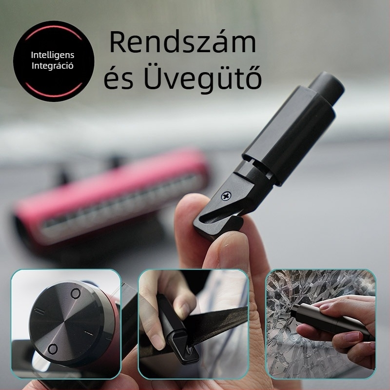 Universális autóvészhelyzeti eszköz ablakszakítóval, biztonsági kalapáccsal és telefontartóval – műanyag, testreszabható