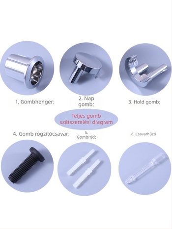 Rozsdamentes acélből készített WC-tartály kiegészítő készlet: vízbetöltő szelep, lefolyó szelep, gombnyomó kar, csipesz, anya – modern minimális stílus