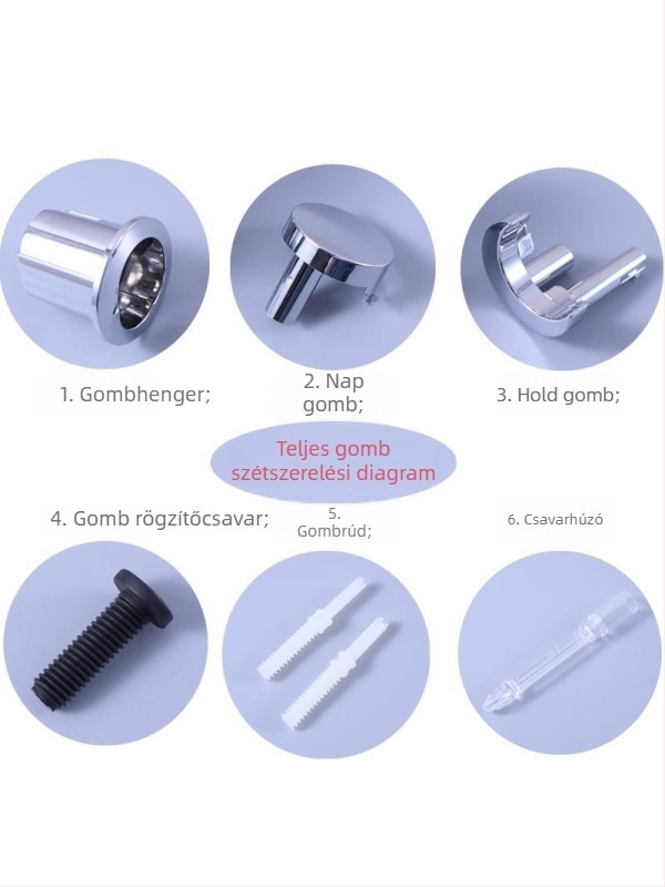 Rozsdamentes acélből készített WC-tartály kiegészítő készlet: vízbetöltő szelep, lefolyó szelep, gombnyomó kar, csipesz, anya – modern minimális stílus