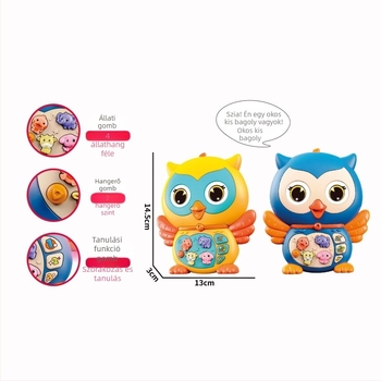 Bagoly alakú mesemondó történetgép gyerekeknek fényekkel és hangokkal — elektromos, elemmel működő, interaktív, érzelmi és vizuális fejlődést támogat