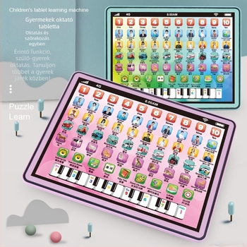 Baba- és kisgyermekek számára készült kétnyelvű tanulótablet korai oktatáshoz olvasási útmutatással, látás-, fogás- és hallás-edzéssel; műanyagból, elemről működik, 0–3 éveseknek.