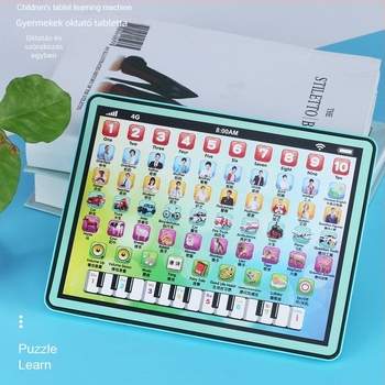 Baba- és kisgyermekek számára készült kétnyelvű tanulótablet korai oktatáshoz olvasási útmutatással, látás-, fogás- és hallás-edzéssel; műanyagból, elemről működik, 0–3 éveseknek.