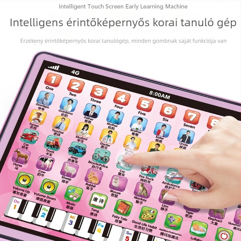 Baba- és kisgyermekek számára készült kétnyelvű tanulótablet korai oktatáshoz olvasási útmutatással, látás-, fogás- és hallás-edzéssel; műanyagból, elemről működik, 0–3 éveseknek.