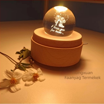 Zeneszerű kristálygömb LED világító forgó alapzattal, bükkfa, Hongxuan