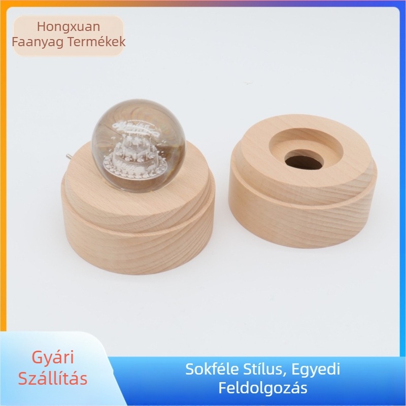 Zeneszerű kristálygömb LED világító forgó alapzattal, bükkfa, Hongxuan