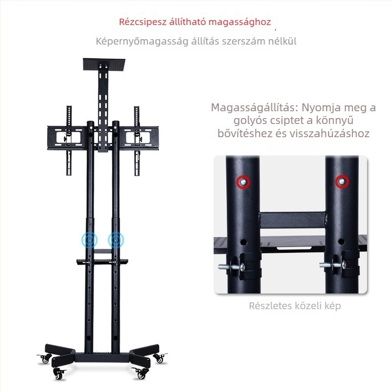 PTS002-1 LCD mobil TV kocsi állítható padlóállvánnyal, vas tartó, mechanikus vezérlés, teherbírás >15 kg