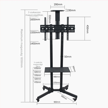 LCD TV mobil padlóra álló tartóvas, vasból készült, állítható, mechanikus működtetés, modell 1500, teherbírás 15 kg felett