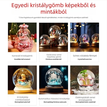 Személyre szabott műgyanta kristálygömb zenés dobozzal – Mikulás és hópehely dekoráció, platált alapú dísz