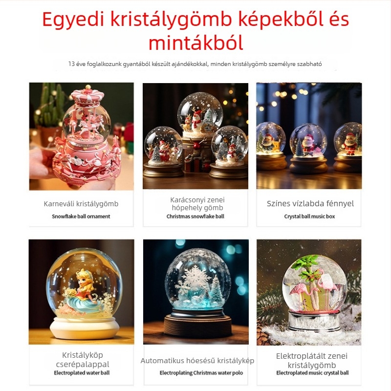 Személyre szabott műgyanta kristálygömb zenés dobozzal – Mikulás és hópehely dekoráció, platált alapú dísz