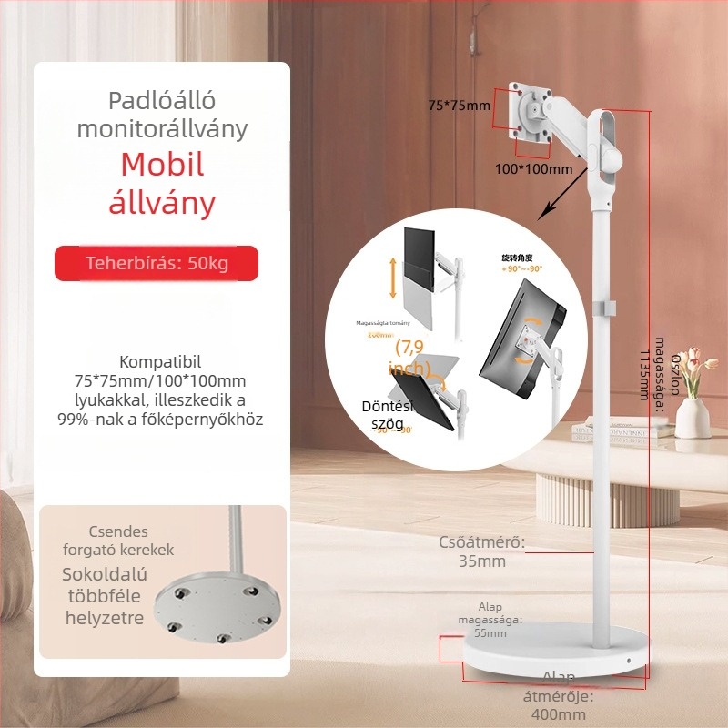 Mobil monitor- és TV-tartó, forgó, kerekekkel, rozsdamentes acélból, 05-ös modell, 5 kg, univerzális kompatibilitás standard kijelzőkhöz